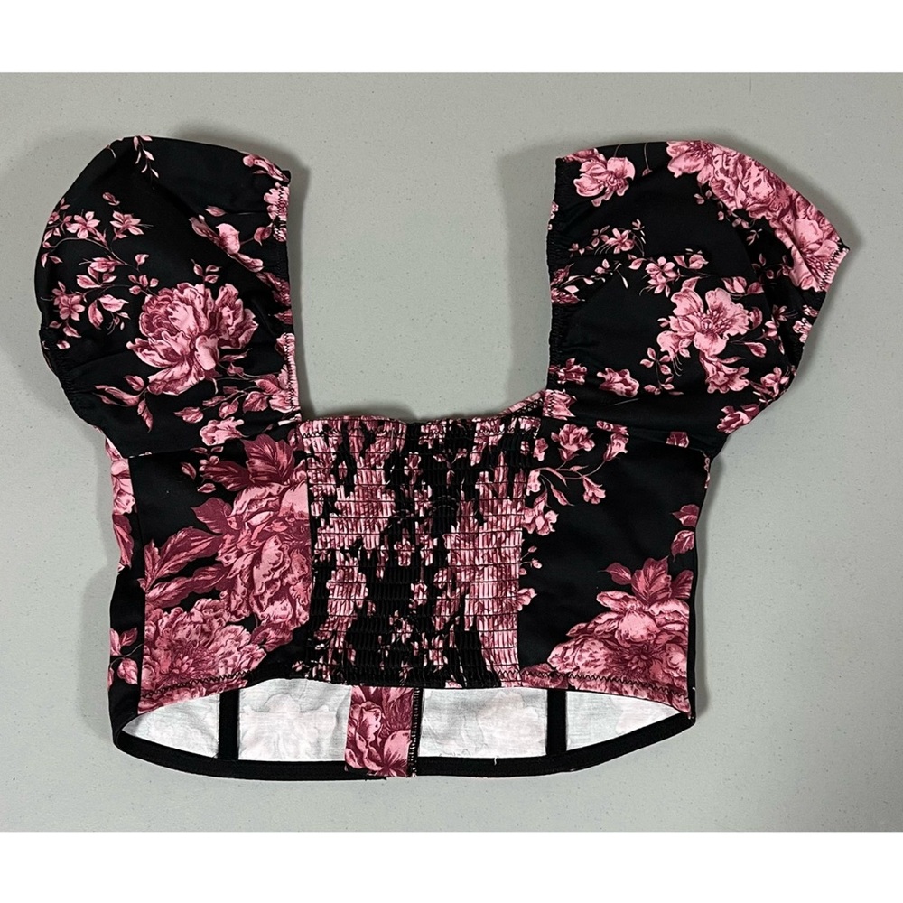 West of Melrose Black Floral Short Sleeve Corset Crop Top Shirt Blouse Size XS🌸✨ - Picture 4 of 4